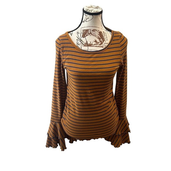 We The Free Women's Striped Bell Sleeve Top Mustard Navy Size M Ruffles - Picture 1 of 7